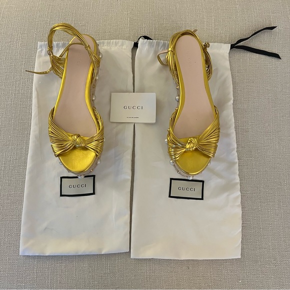 GUCCI - LIMITED EDITION Gold Faux Pearl Accents Espadrille - Picture 3 of 10